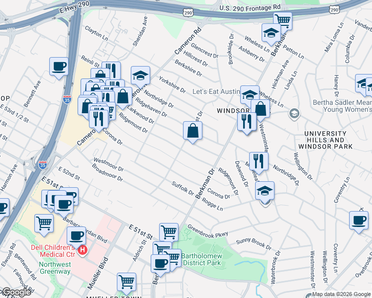 map of restaurants, bars, coffee shops, grocery stores, and more near 1423 Larkwood Drive in Austin
