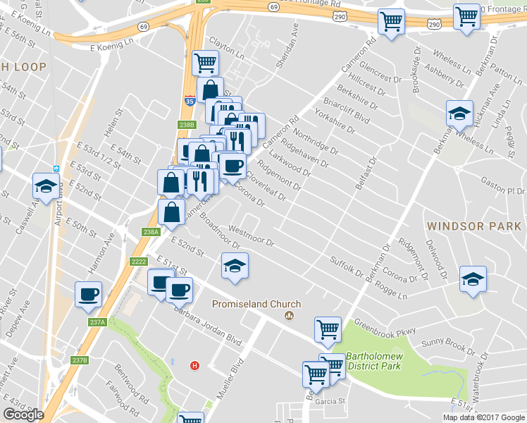 map of restaurants, bars, coffee shops, grocery stores, and more near 1305 Cloverleaf Drive in Austin