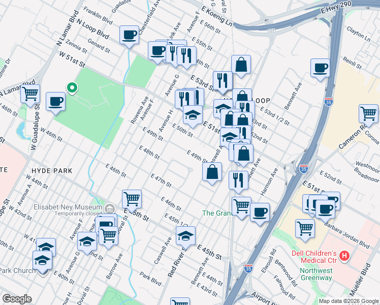 map of restaurants, bars, coffee shops, grocery stores, and more near 613 East 50th Street in Austin
