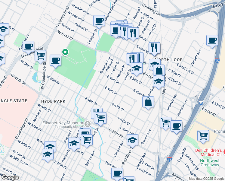 map of restaurants, bars, coffee shops, grocery stores, and more near 4811 Avenue H in Austin
