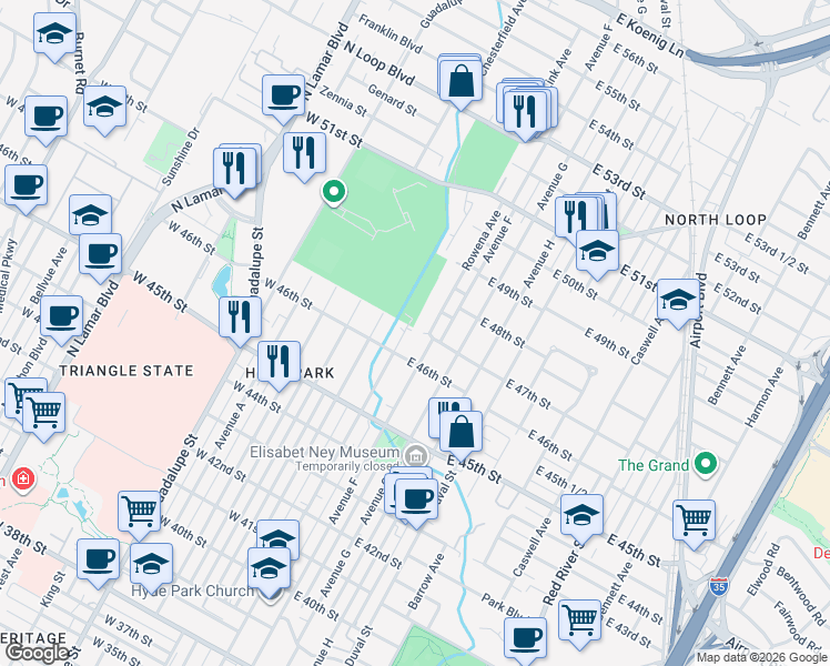 map of restaurants, bars, coffee shops, grocery stores, and more near 4610 Speedway in Austin