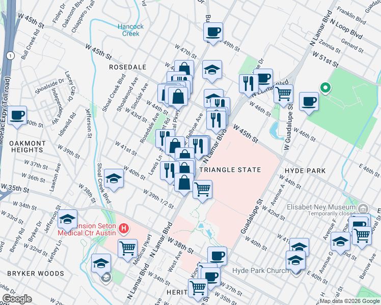 map of restaurants, bars, coffee shops, grocery stores, and more near 4214 Bellvue Avenue in Austin