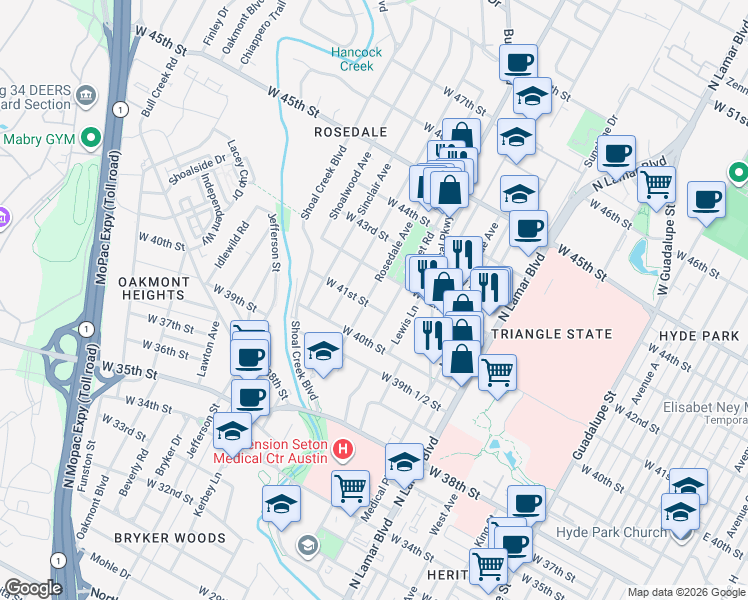 map of restaurants, bars, coffee shops, grocery stores, and more near 4115 Rosedale Avenue in Austin