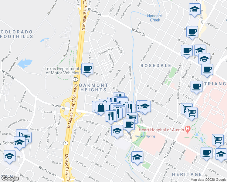 map of restaurants, bars, coffee shops, grocery stores, and more near 3901 Idlewild Road in Austin