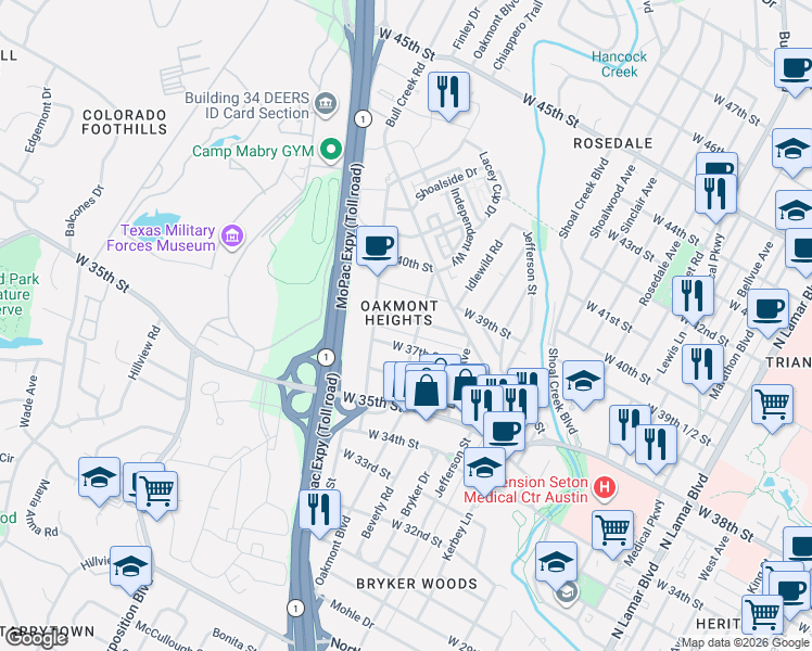 map of restaurants, bars, coffee shops, grocery stores, and more near 1916 West 38th Street in Austin