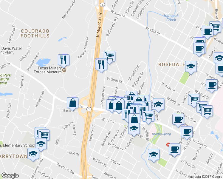 map of restaurants, bars, coffee shops, grocery stores, and more near 1916 West 38th Street in Austin