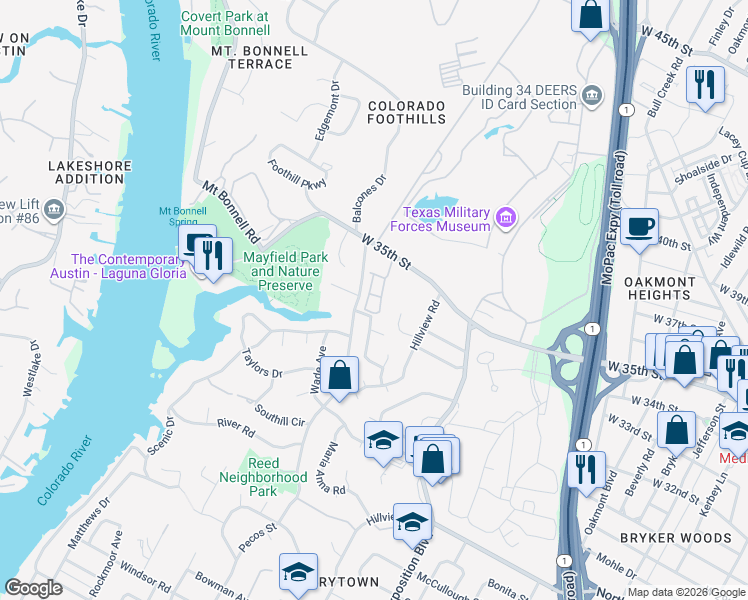 map of restaurants, bars, coffee shops, grocery stores, and more near 41 Woodstone Square in Austin