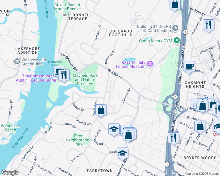 map of restaurants, bars, coffee shops, grocery stores, and more near 41 Woodstone Square in Austin