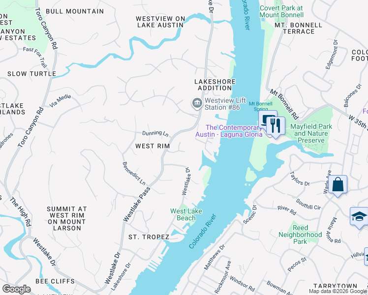 map of restaurants, bars, coffee shops, grocery stores, and more near 2811 Westlake Drive in Austin
