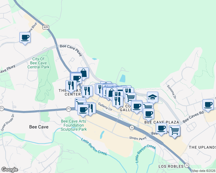 map of restaurants, bars, coffee shops, grocery stores, and more near 13000 Galleria Circle in Austin