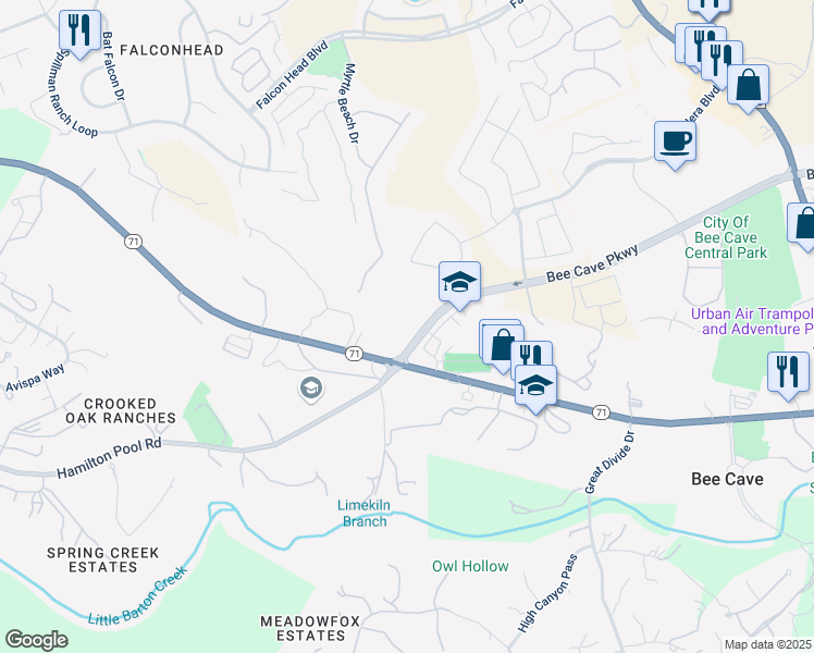 map of restaurants, bars, coffee shops, grocery stores, and more near 14058 Bee Cave Parkway in Bee Cave