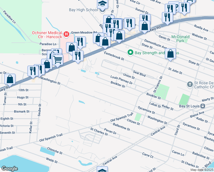 map of restaurants, bars, coffee shops, grocery stores, and more near 659 Kellar Street in Bay St. Louis