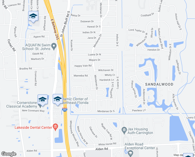 map of restaurants, bars, coffee shops, grocery stores, and more near 2166 Mindanao Drive in Jacksonville