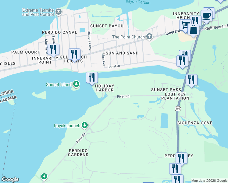 map of restaurants, bars, coffee shops, grocery stores, and more near 14020 Waterview Drive in Pensacola