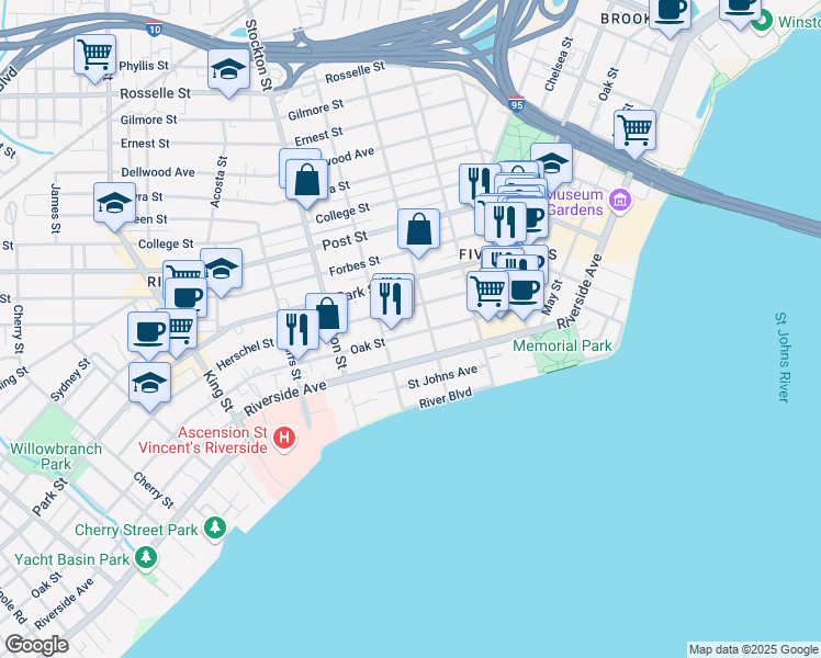map of restaurants, bars, coffee shops, grocery stores, and more near 2230 Herschel Street in Jacksonville