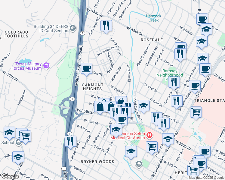 map of restaurants, bars, coffee shops, grocery stores, and more near 3822 Ridgelea Drive in Austin