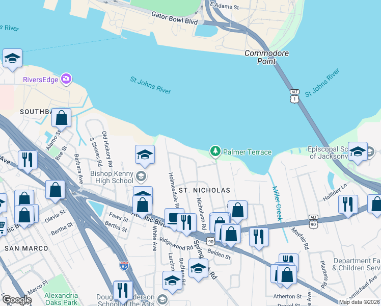 map of restaurants, bars, coffee shops, grocery stores, and more near 1133 Nicholson Road in Jacksonville