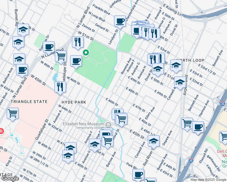 map of restaurants, bars, coffee shops, grocery stores, and more near 106 E 47th St in Austin
