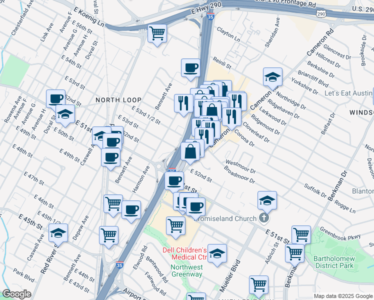 map of restaurants, bars, coffee shops, grocery stores, and more near 5347 North Interstate 35 Frontage Road in Austin