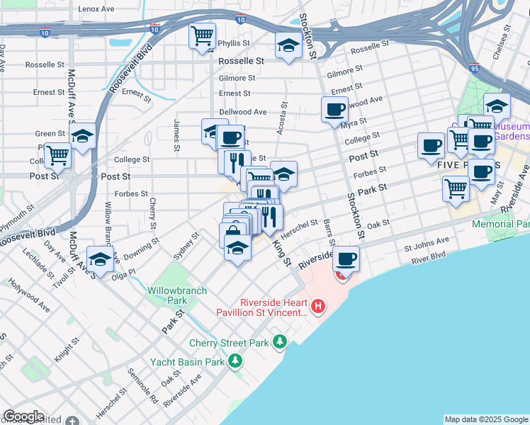 map of restaurants, bars, coffee shops, grocery stores, and more near 1114 Acosta Street in Jacksonville