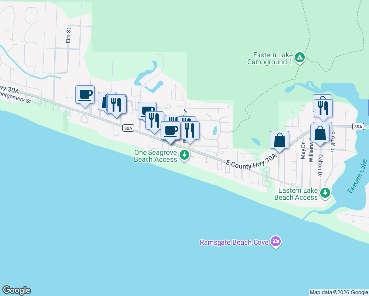 map of restaurants, bars, coffee shops, grocery stores, and more near 36 Palmeira Way in Santa Rosa Beach