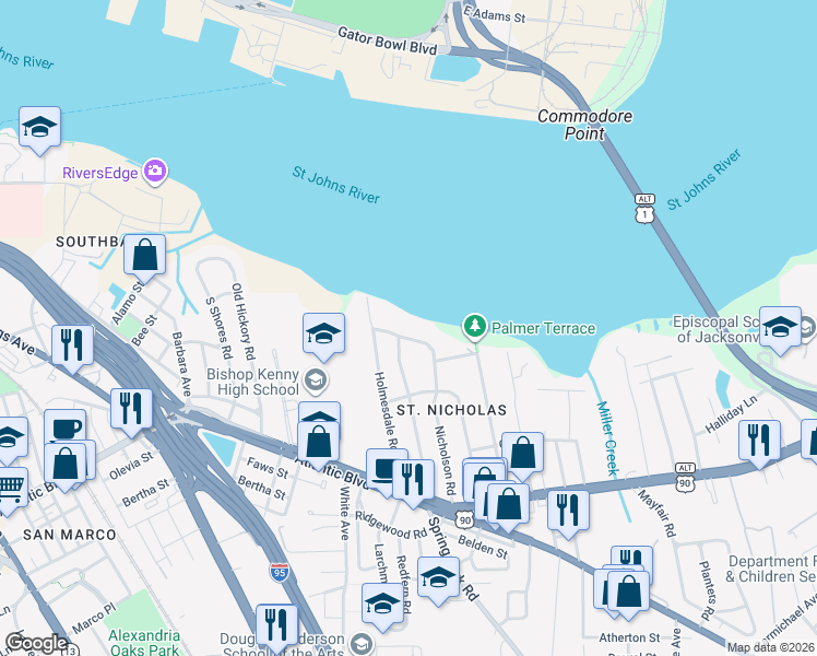 map of restaurants, bars, coffee shops, grocery stores, and more near 1133 Nicholson Road in Jacksonville