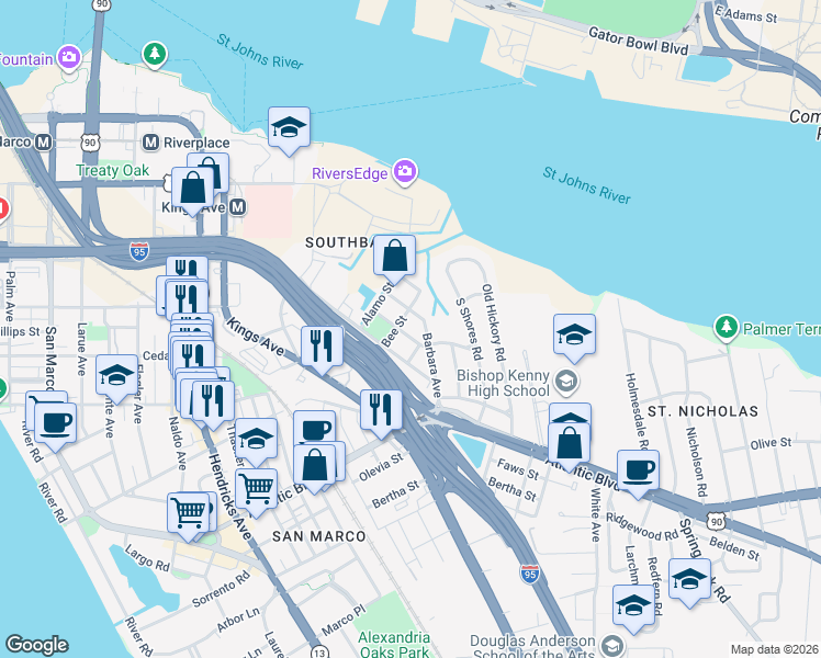 map of restaurants, bars, coffee shops, grocery stores, and more near 2032 Reed Avenue in Jacksonville