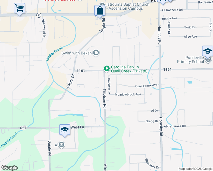 map of restaurants, bars, coffee shops, grocery stores, and more near 16480 Oakview Drive in Prairieville