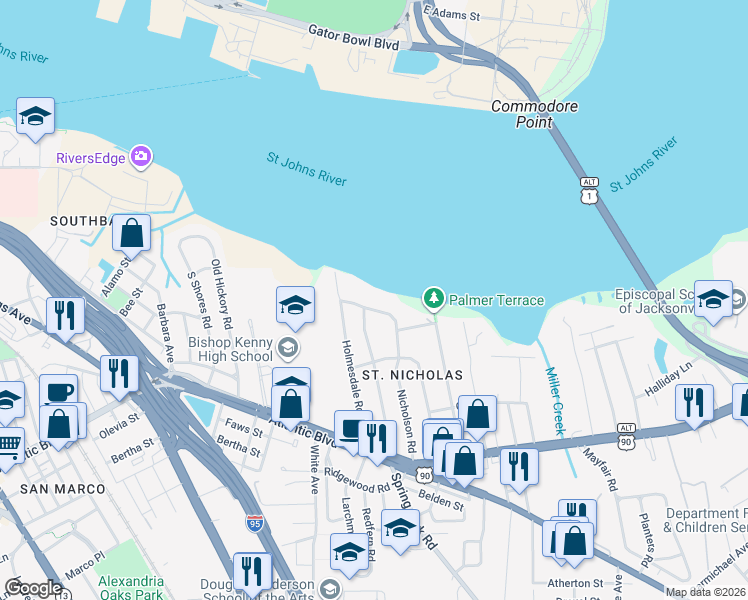 map of restaurants, bars, coffee shops, grocery stores, and more near 1133 Nicholson Road in Jacksonville