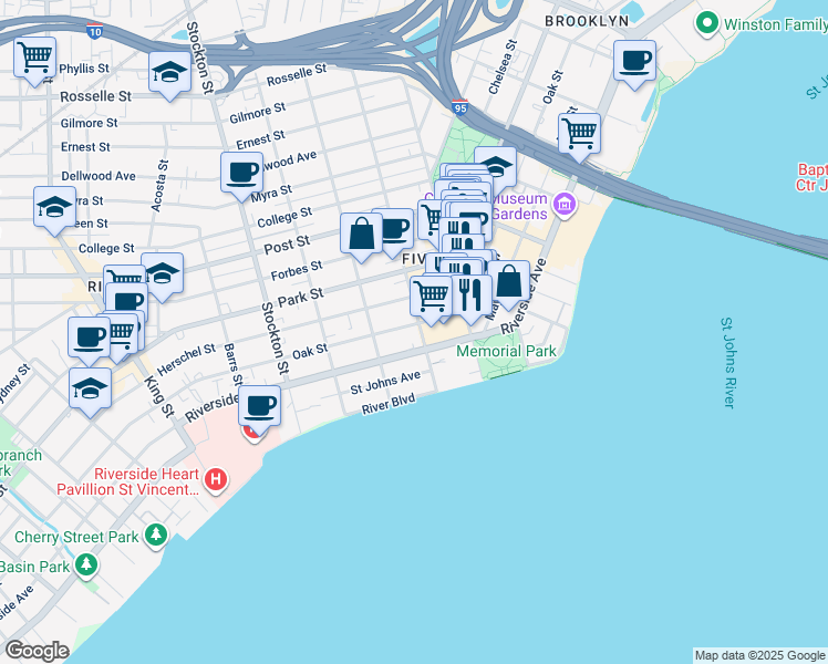 map of restaurants, bars, coffee shops, grocery stores, and more near 2063 Oak Street in Jacksonville