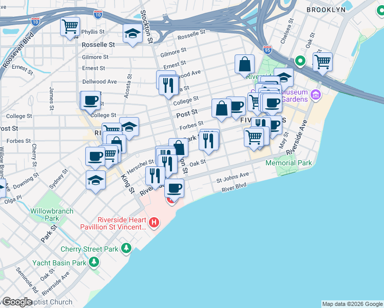 map of restaurants, bars, coffee shops, grocery stores, and more near 2317 Herschel Street in Jacksonville