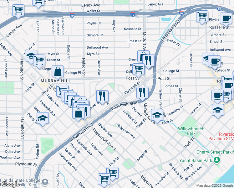 map of restaurants, bars, coffee shops, grocery stores, and more near 1038 Willis Drive in Jacksonville