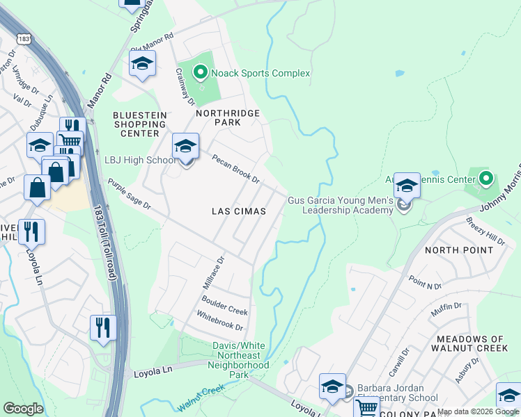 map of restaurants, bars, coffee shops, grocery stores, and more near 7404 Gunnison Pass in Austin