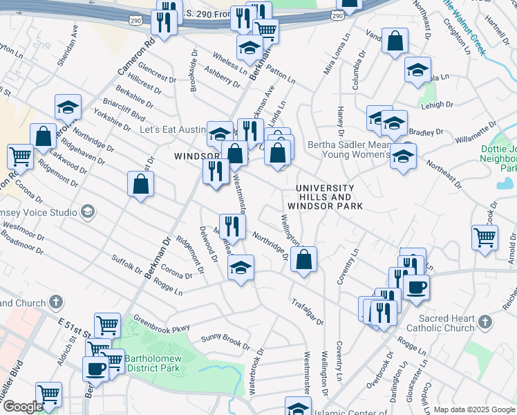 map of restaurants, bars, coffee shops, grocery stores, and more near 2000 Dexmoor Drive in Austin