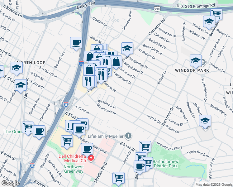 map of restaurants, bars, coffee shops, grocery stores, and more near 1305 Cloverleaf Drive in Austin