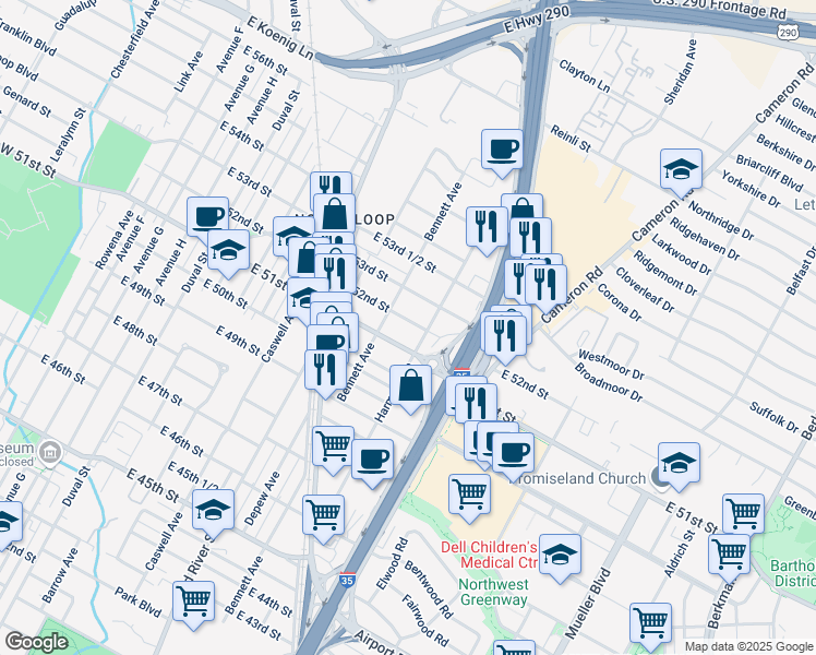 map of restaurants, bars, coffee shops, grocery stores, and more near 943 East 53rd Street in Austin