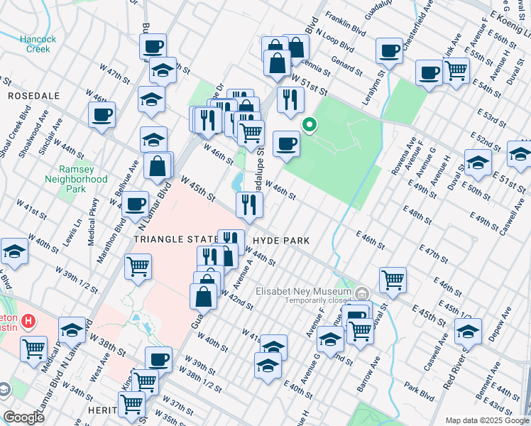 map of restaurants, bars, coffee shops, grocery stores, and more near 4510 West Guadalupe Street in Austin