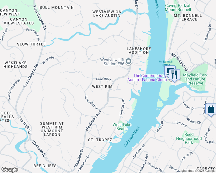 map of restaurants, bars, coffee shops, grocery stores, and more near 2601 Buckminster Court in Austin