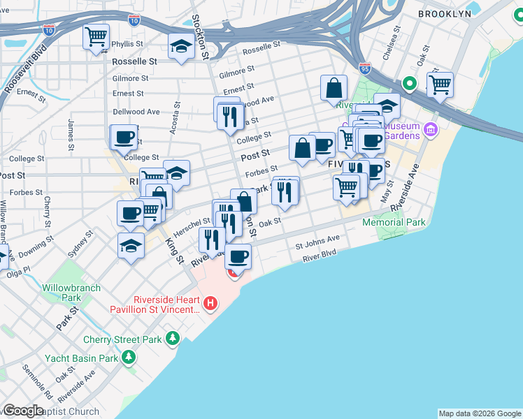 map of restaurants, bars, coffee shops, grocery stores, and more near 2317 Herschel Street in Jacksonville