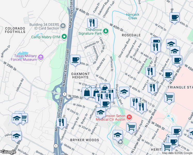 map of restaurants, bars, coffee shops, grocery stores, and more near 3901 Idlewild Road in Austin