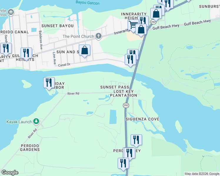 map of restaurants, bars, coffee shops, grocery stores, and more near 13820 River Road in Pensacola