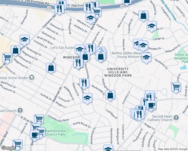 map of restaurants, bars, coffee shops, grocery stores, and more near 2000 Dexmoor Drive in Austin
