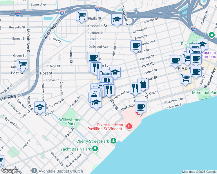 map of restaurants, bars, coffee shops, grocery stores, and more near 1114 Acosta Street in Jacksonville