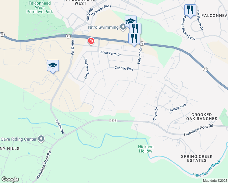 map of restaurants, bars, coffee shops, grocery stores, and more near 15701 Grumbles Lane in Bee Cave