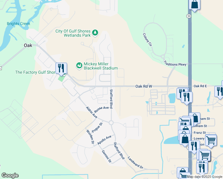 map of restaurants, bars, coffee shops, grocery stores, and more near 6006 Andhurst Drive in Gulf Shores