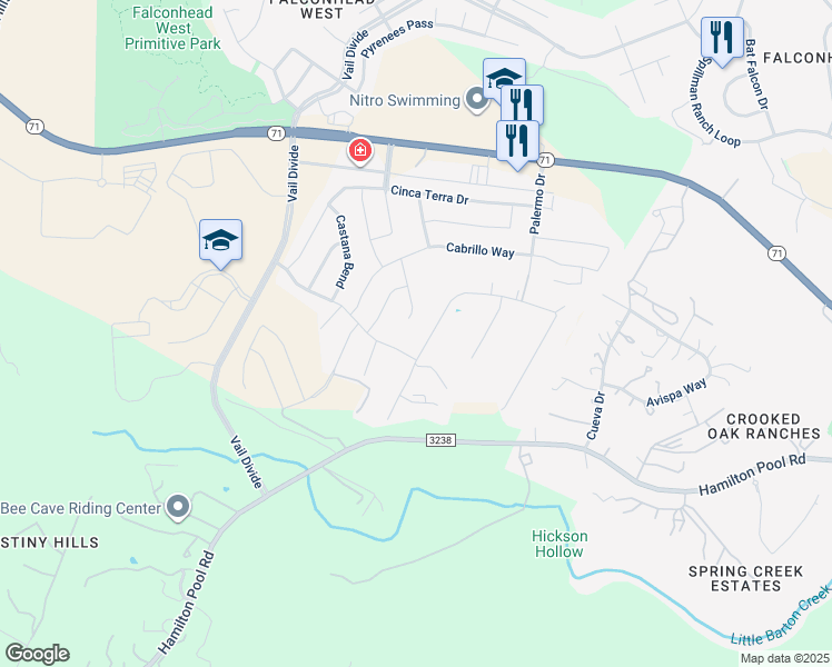 map of restaurants, bars, coffee shops, grocery stores, and more near 15701 Grumbles Lane in Bee Cave