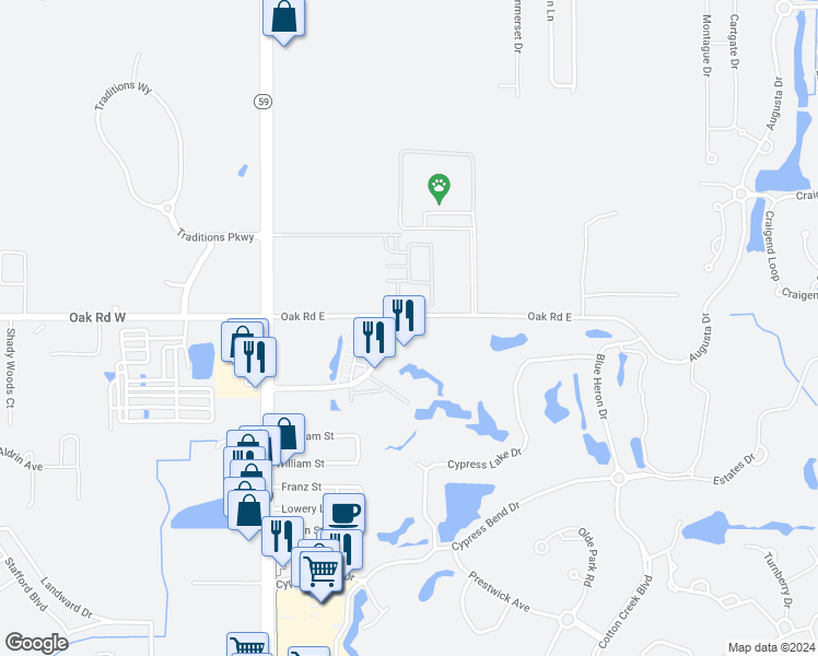 map of restaurants, bars, coffee shops, grocery stores, and more near 20050 Oak Road East in Gulf Shores