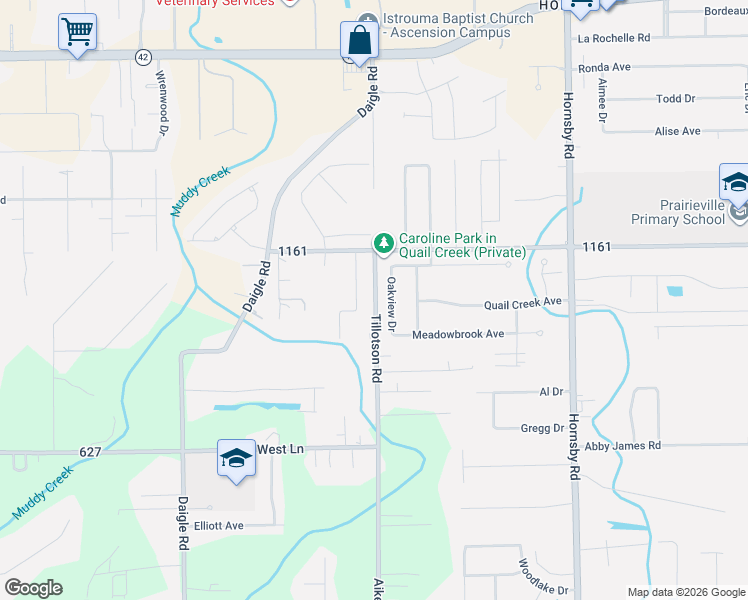 map of restaurants, bars, coffee shops, grocery stores, and more near 16492 Pearson Drive in Prairieville
