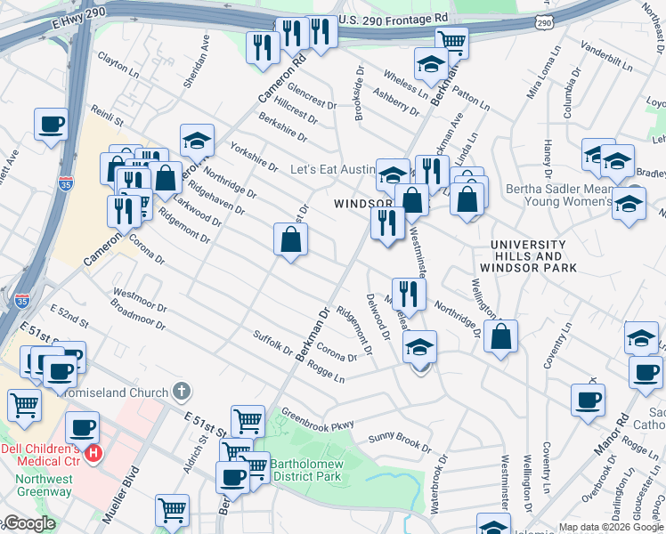 map of restaurants, bars, coffee shops, grocery stores, and more near 1606 Ridgehaven Drive in Austin