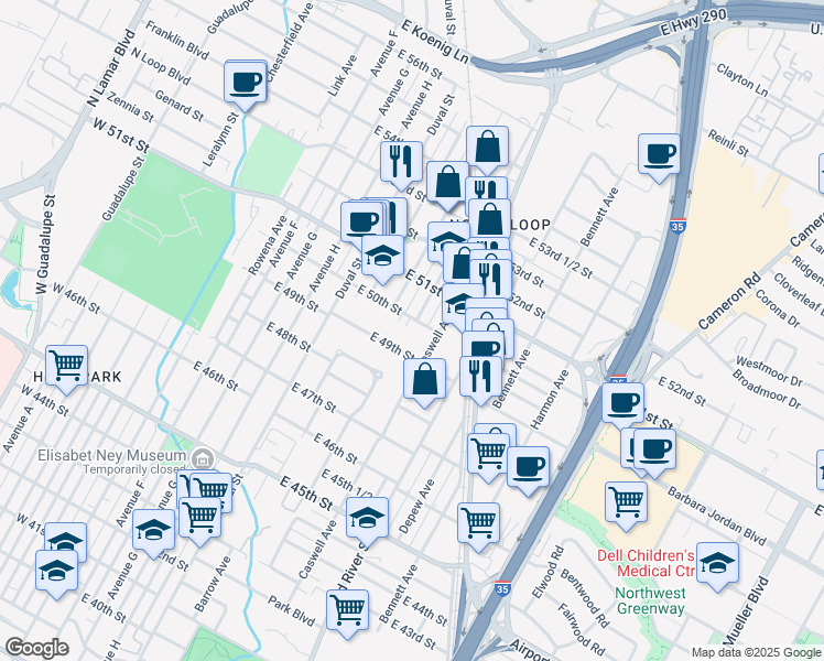 map of restaurants, bars, coffee shops, grocery stores, and more near 5003 Eilers Avenue in Austin